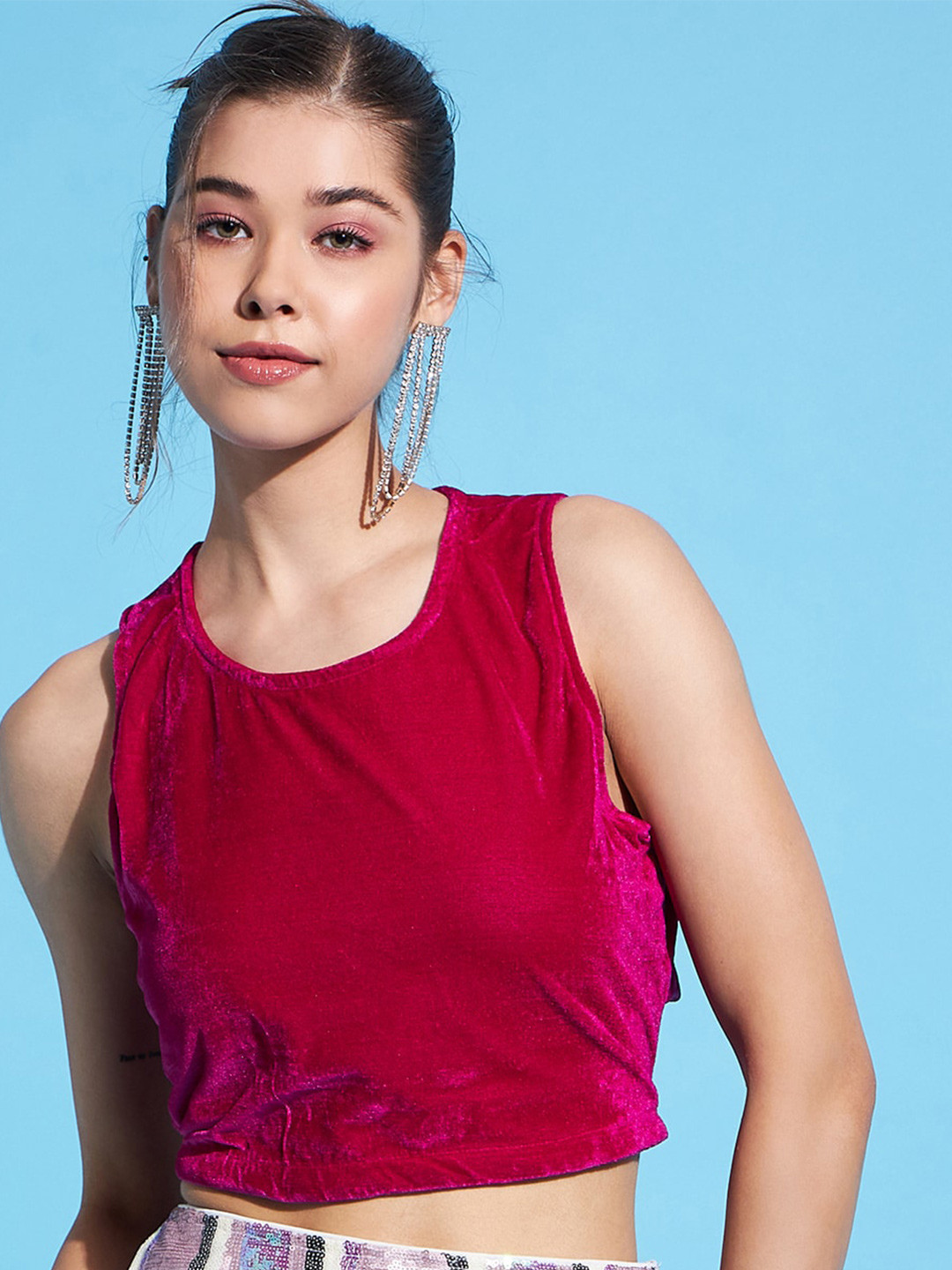 

DressBerry Round Neck Sleeveless Velvet Crop Top, Magenta