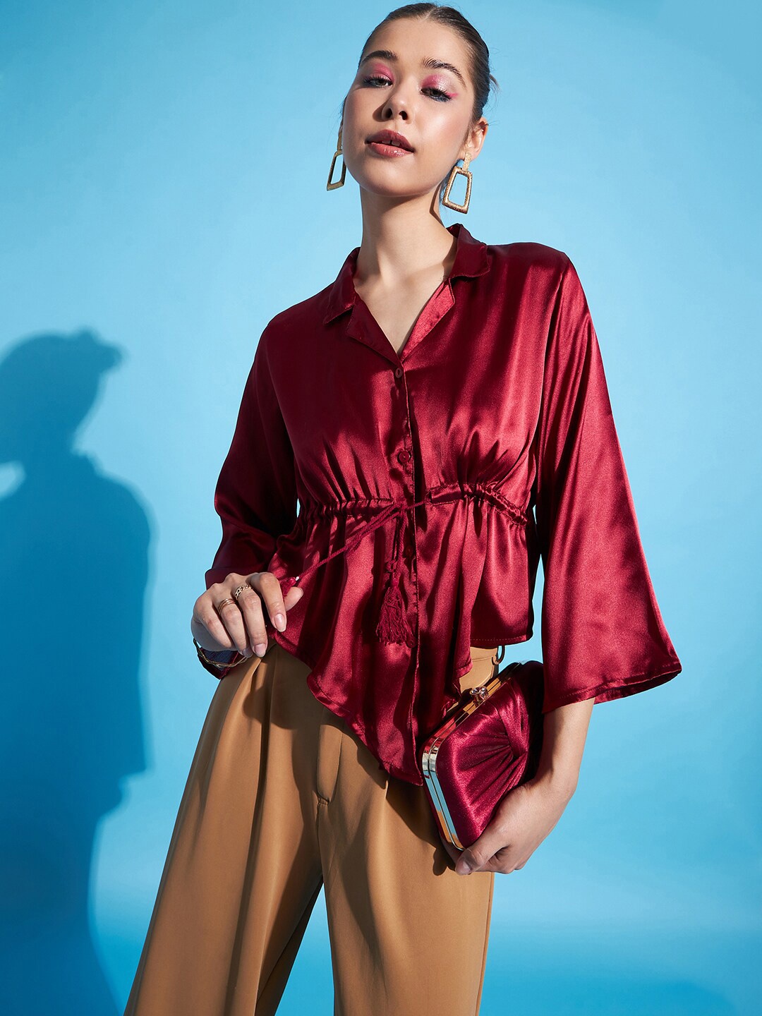 

DressBerry Red Bell Sleeves Cuban Collar Shirt Ruched Styled Top, Maroon