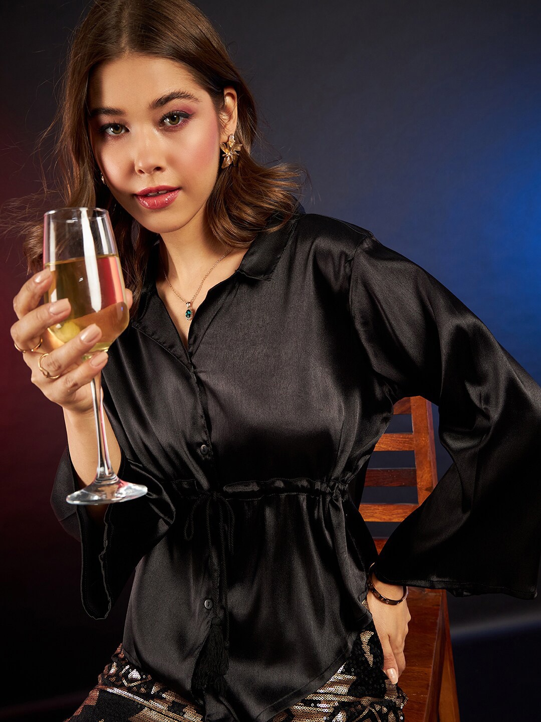 

DressBerry Black Bell Sleeves Cuban Collar Shirt Ruched Styled Top