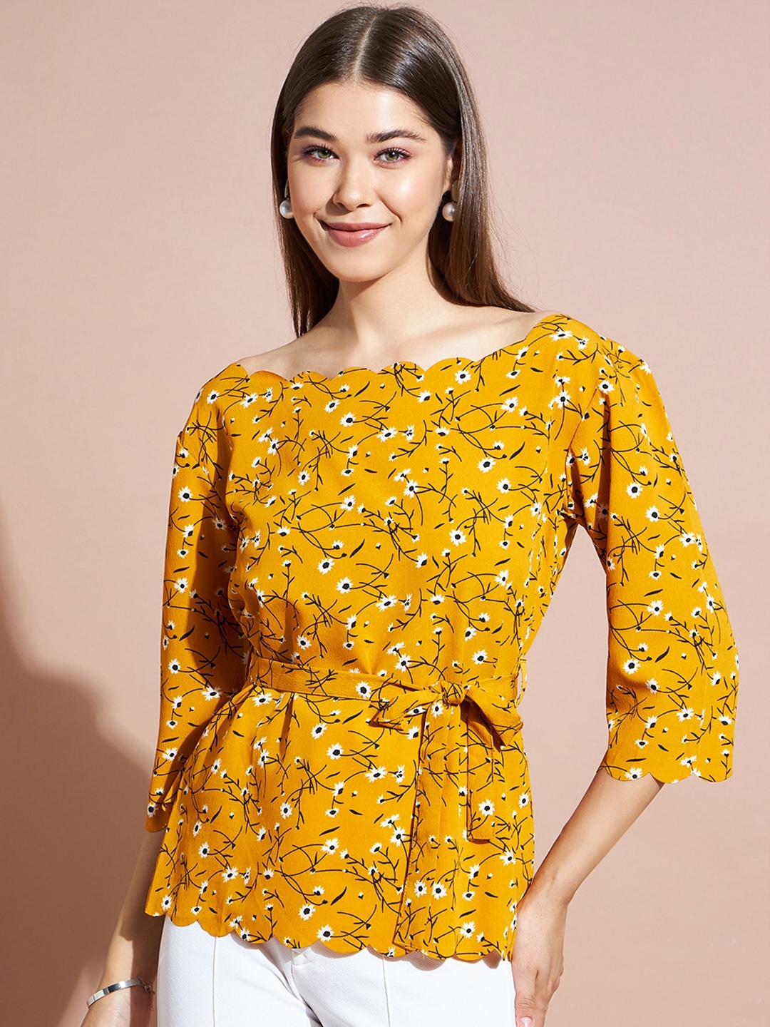 

DressBerry Yellow Floral Printed Boat Neck Cinched Waist Top