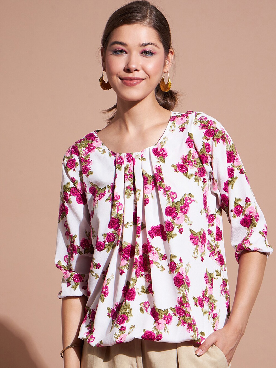

DressBerry White & Pink Floral Printed Puff Sleeves Top