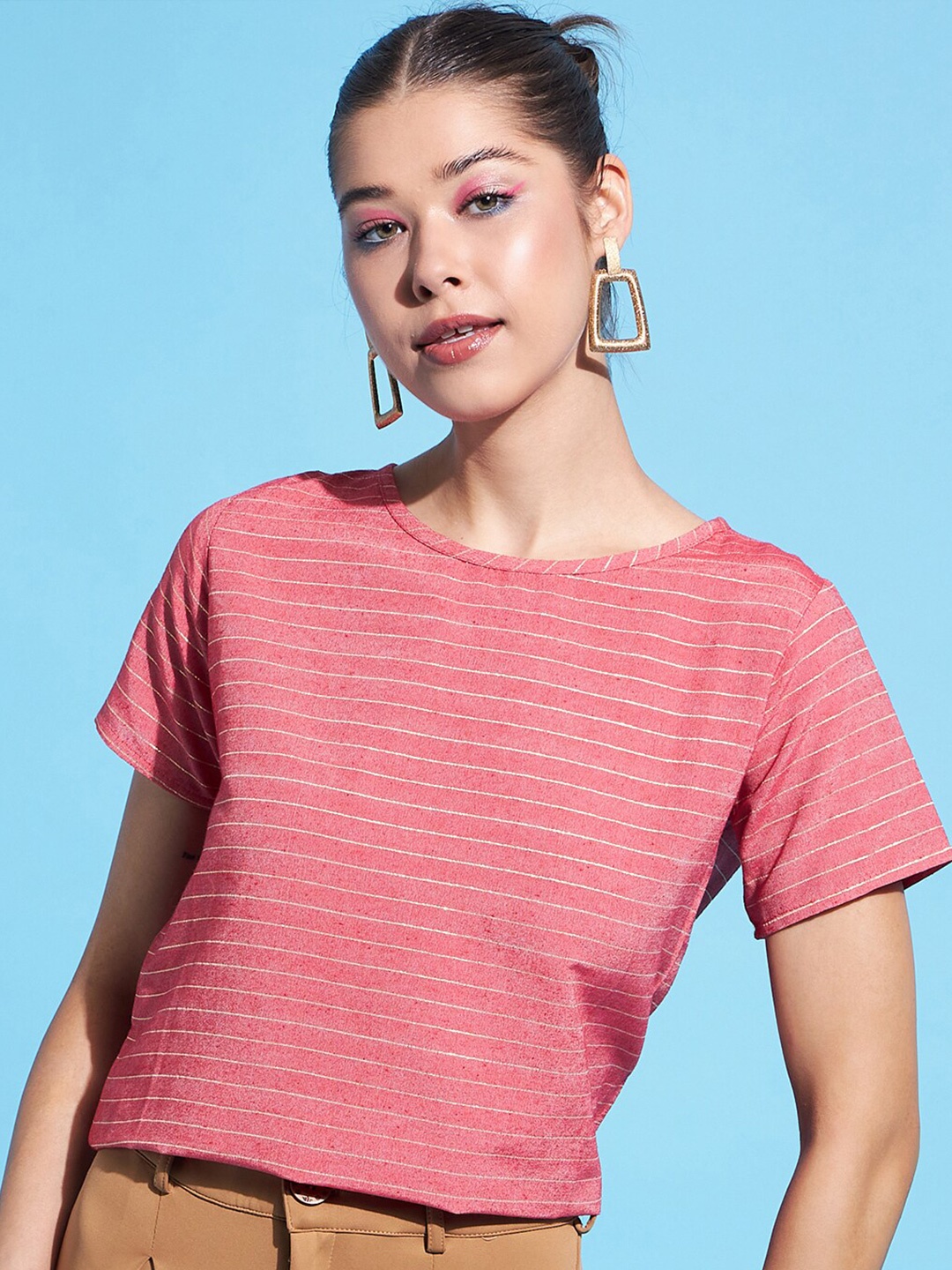 

DressBerry Pink Striped Round Neck Regular Top
