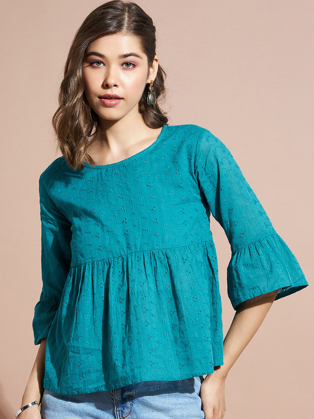 

DressBerry Self Design Bell Sleeve Peplum Top, Green