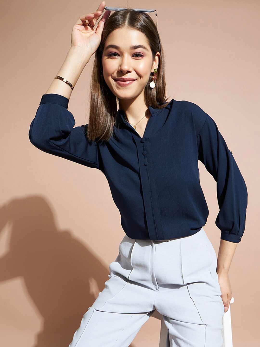 DressBerry Shirt Collar Cuffed Sleeves Shirt Style Top, Navy blue