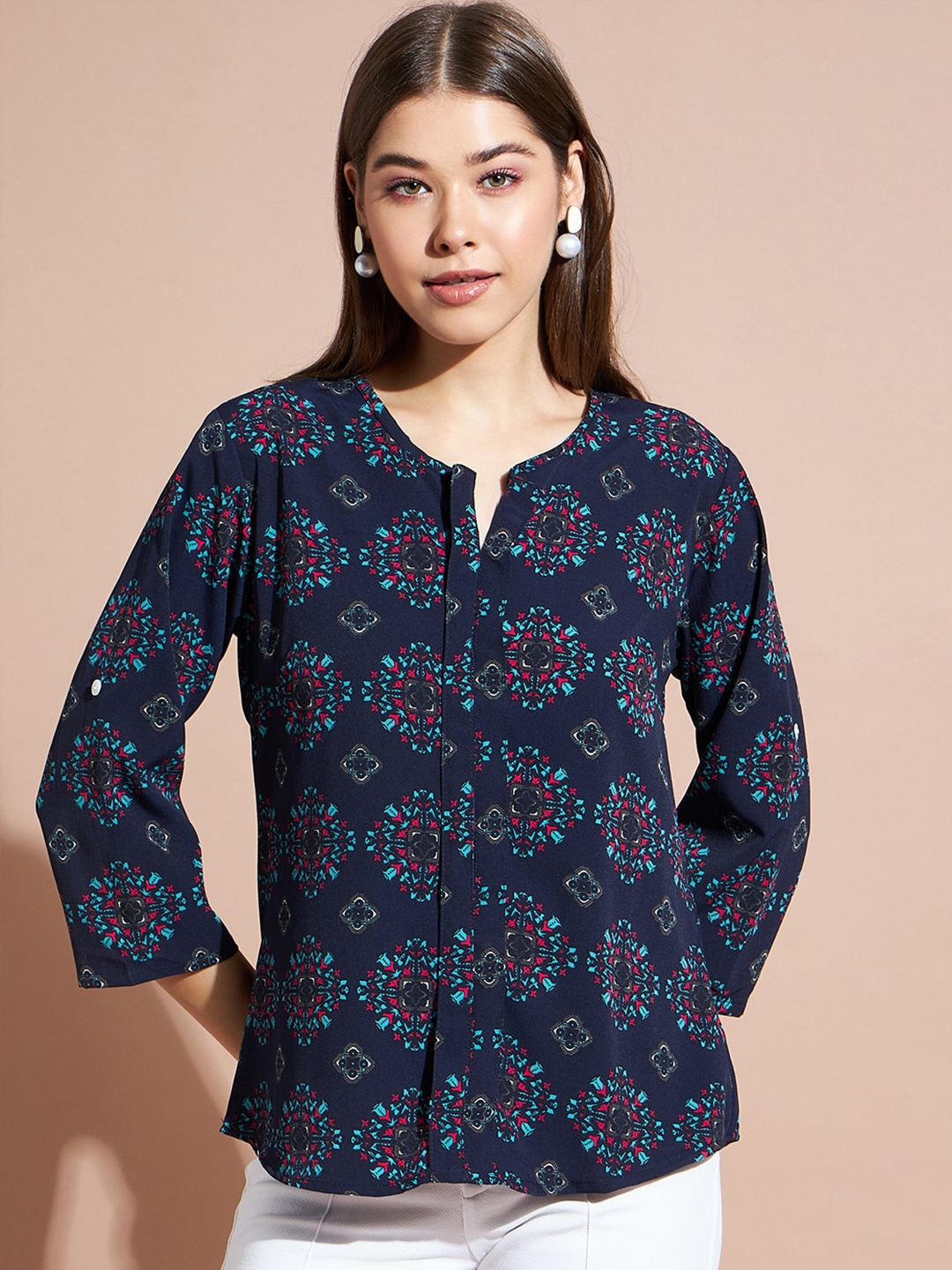 

DressBerry Navy Blue & Red Ethnic Motif Printed Notched Round Neck Regular Top