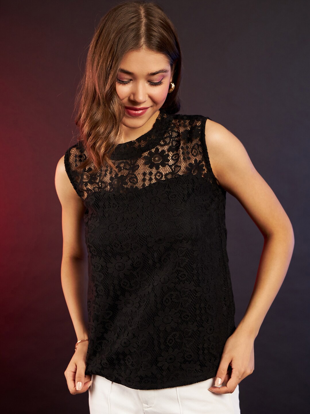 

DressBerry Black Self Design Round Neck Net Top