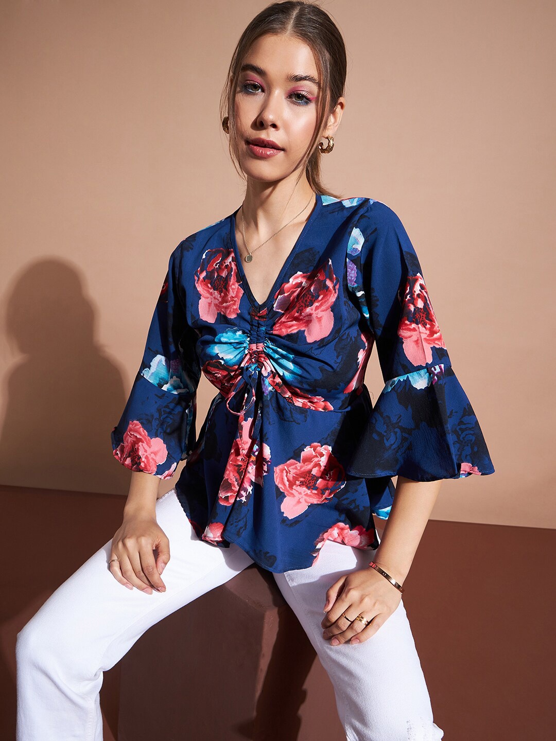 

DressBerry Blue Floral Printed Bell Sleeve Crepe Ruched Peplum Top