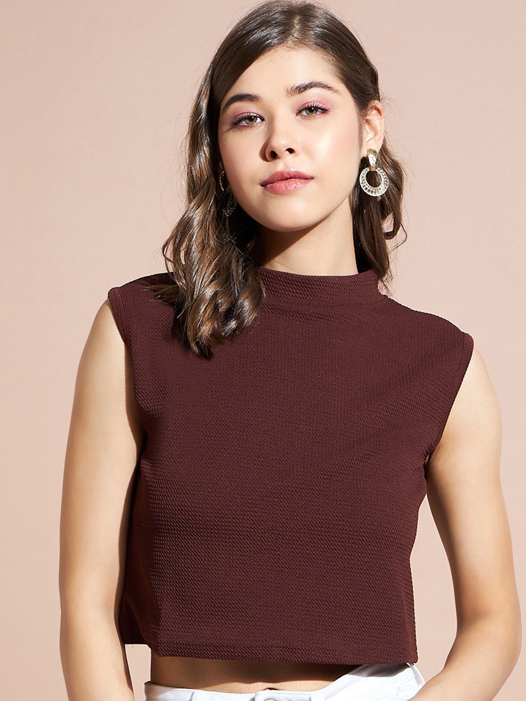 

DressBerry Brown High Neck Crop Top