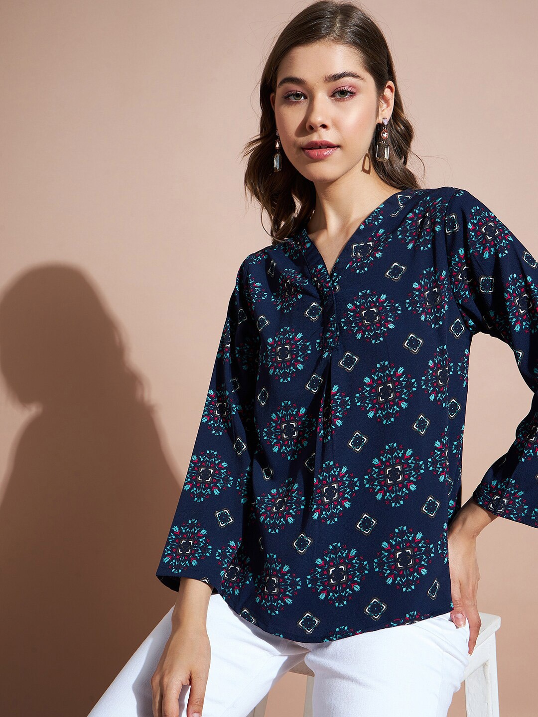 

DressBerry Navy Blue Floral Printed Crepe Blouson Top