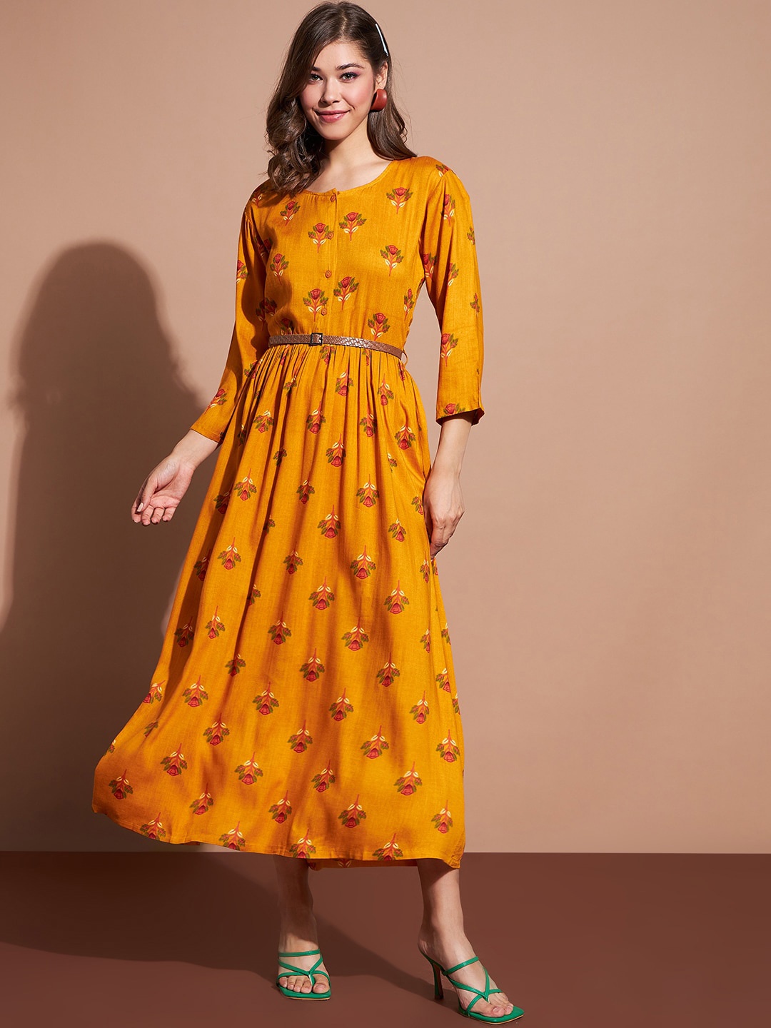 

DressBerry Mustard Floral Printed Belted Fit & Flare Midi Dress