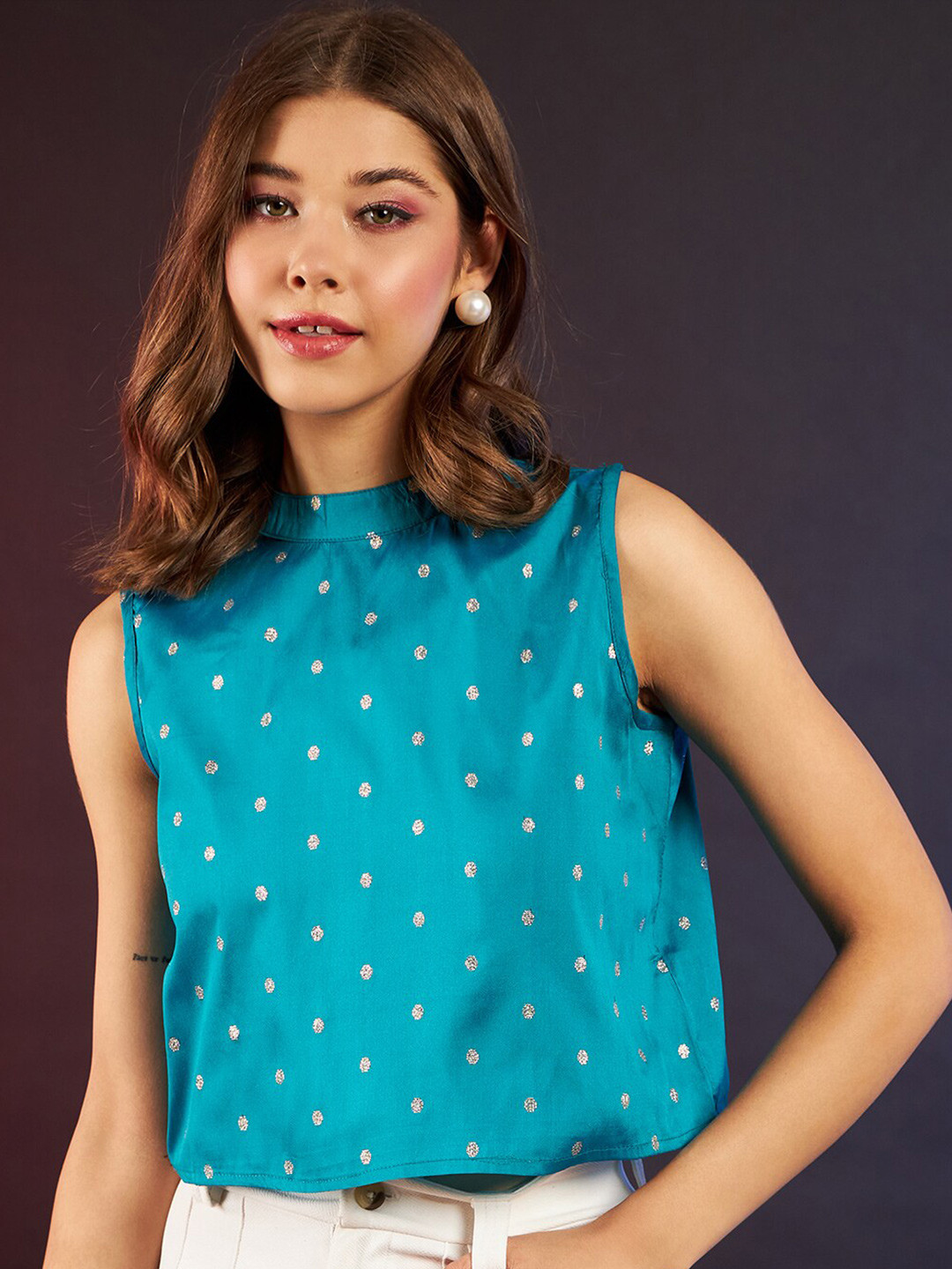 

DressBerry Blue & Gold-Toned Polka Dot Printed High Neck Sleeveless Regular Top