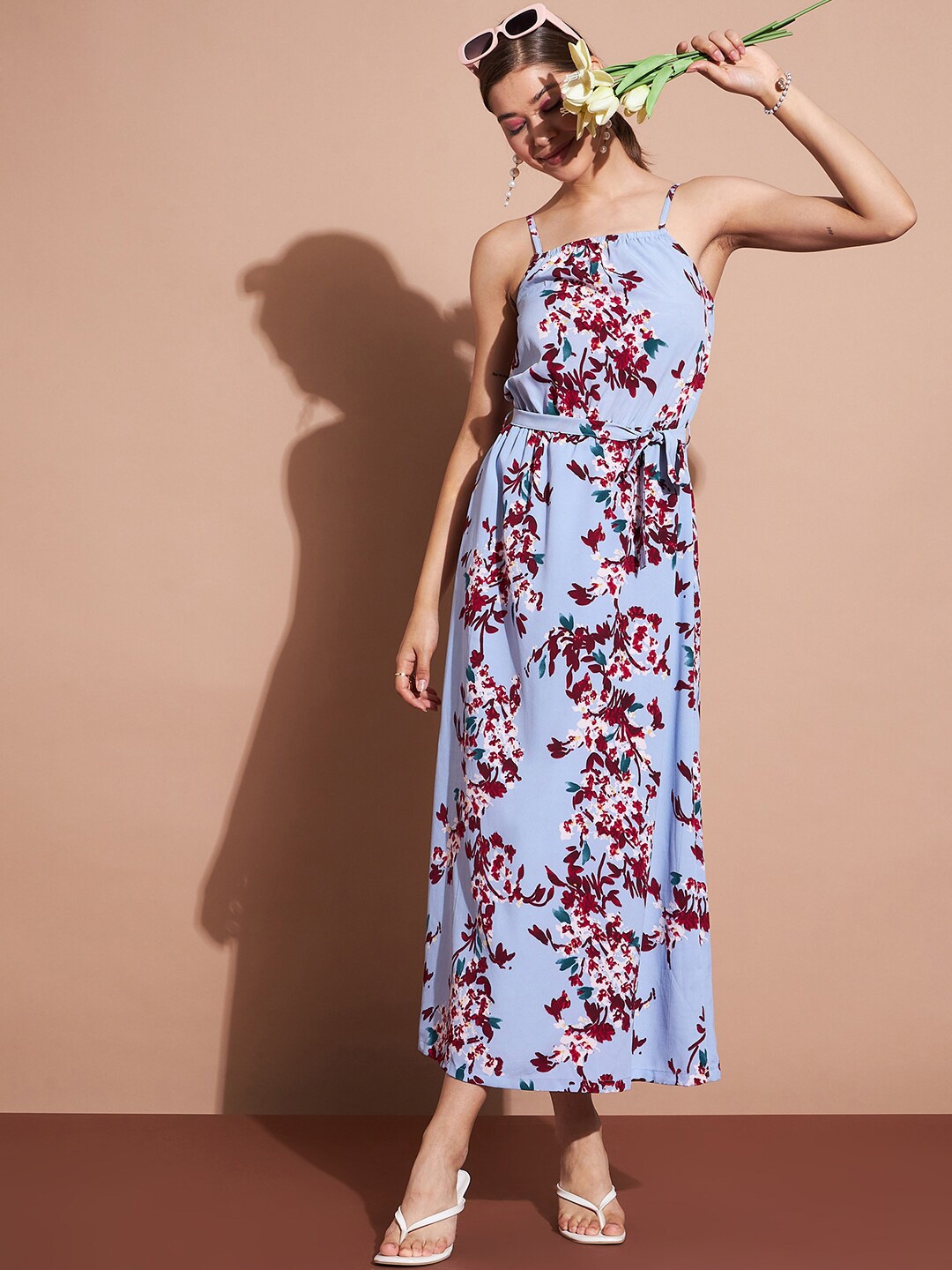 

DressBerry Blue & Red Floral Print Shoulder Straps Midi A-Line Dress With Belt