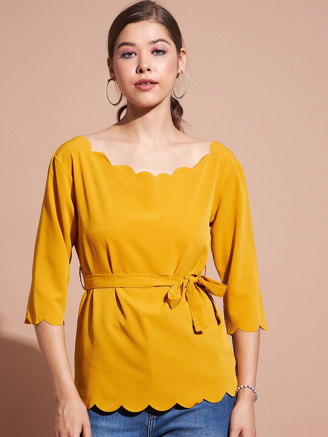 

DressBerry Yellow Scalloped Hem Waist Tie-Ups Regular Top