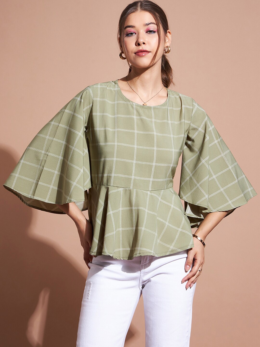 

DressBerry Olive Green & White Checked Flared Sleeves Round Neck Peplum Top