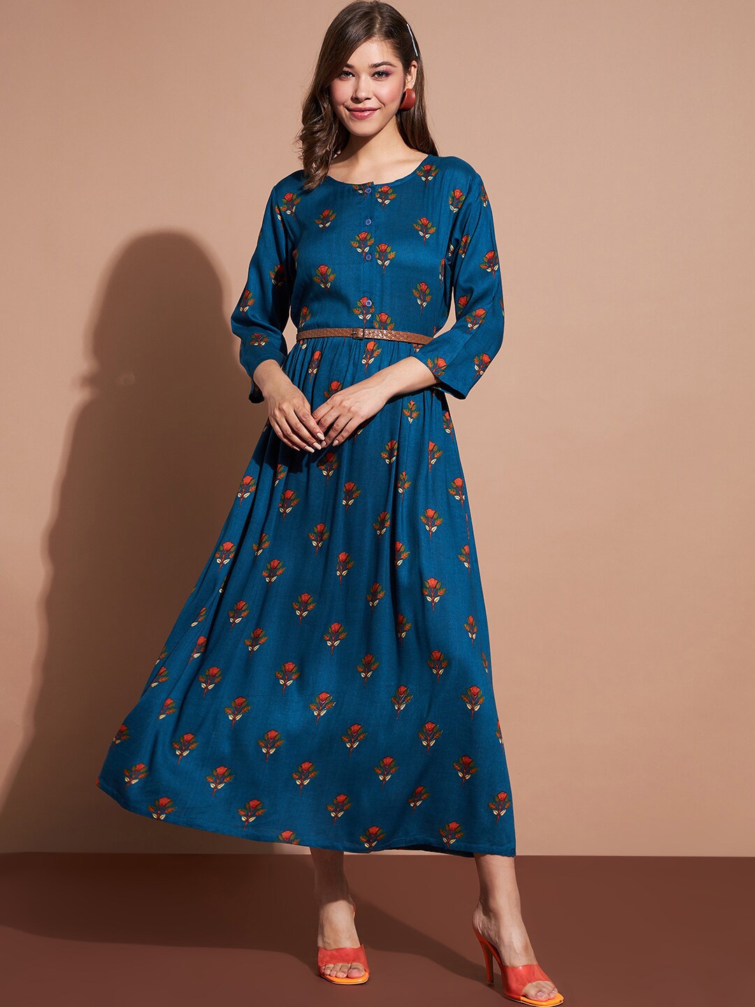 

DressBerry Teal Blue Floral Print Cotton Fit & Flare Midi Dress With Belt
