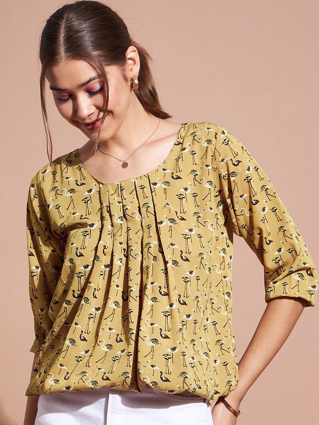 

DressBerry Green & Black Printed Round Neck Top