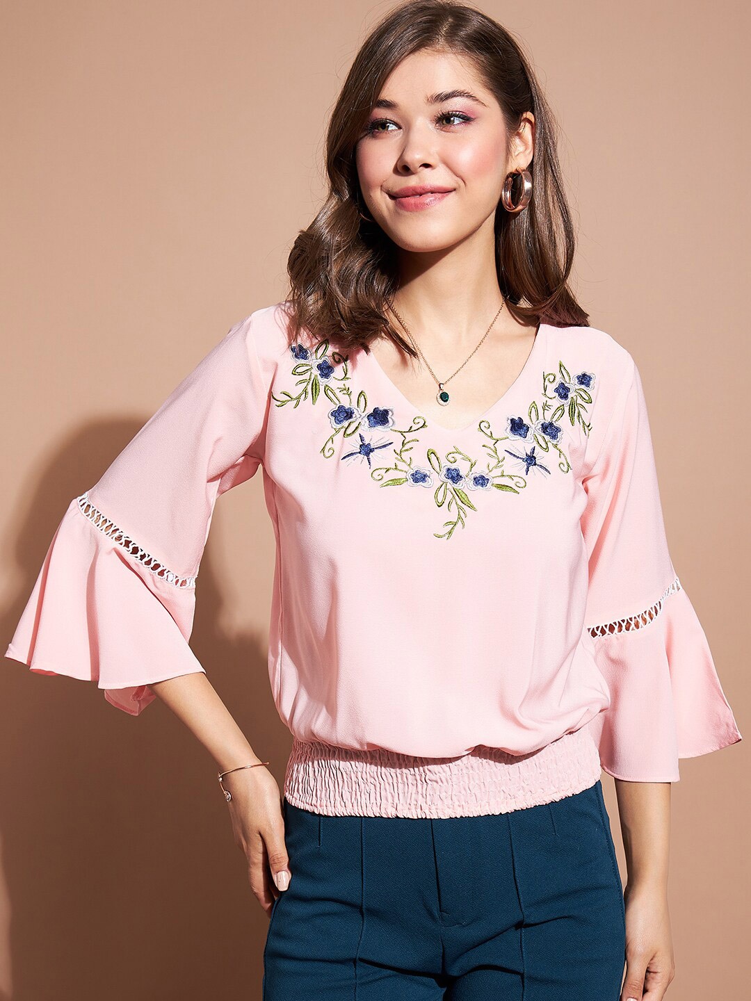 

DressBerry Pink & Blue Floral Embroidered Bell Sleeves Blouson Top