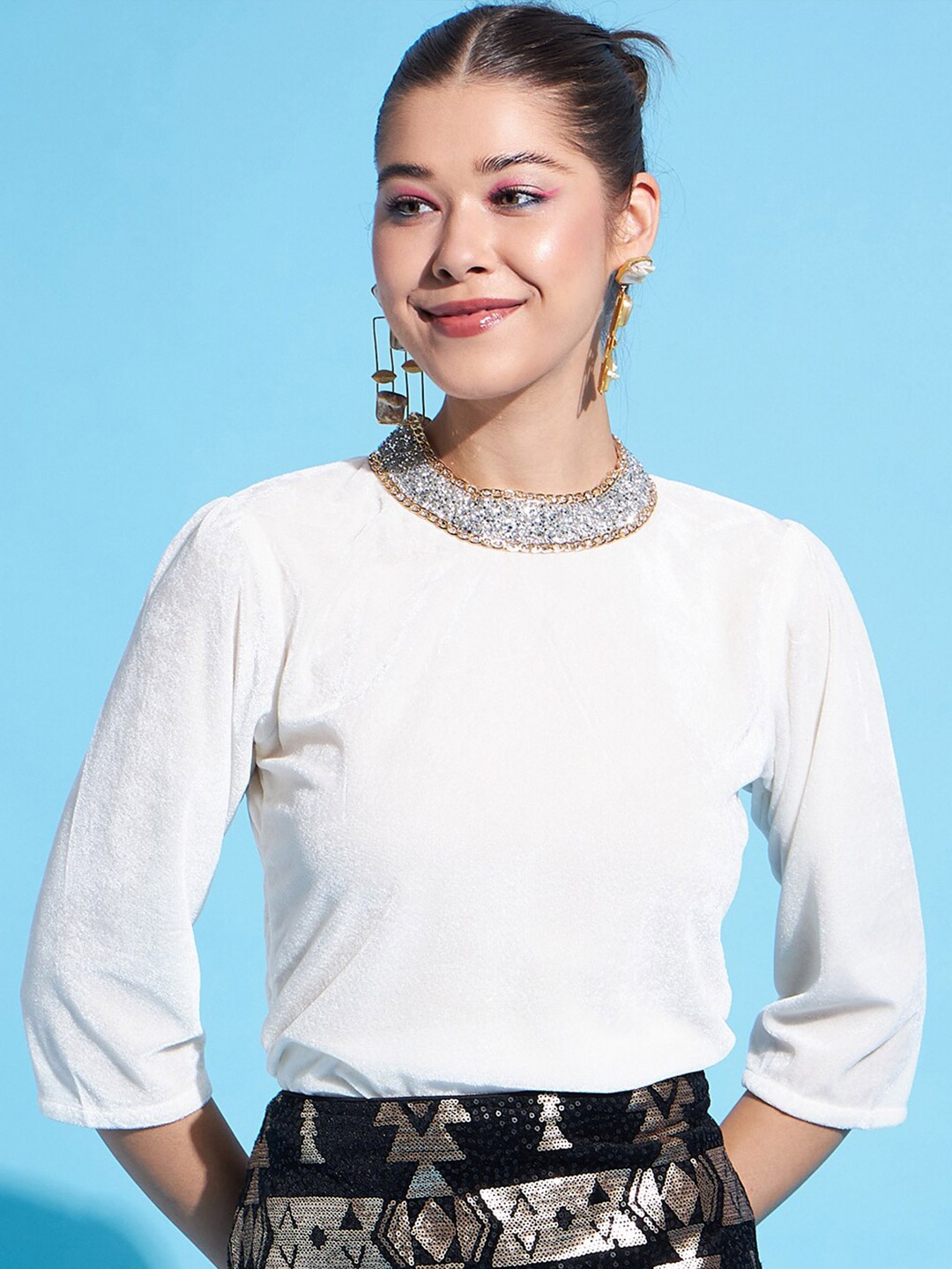 

DressBerry White High Neck Velvet Top