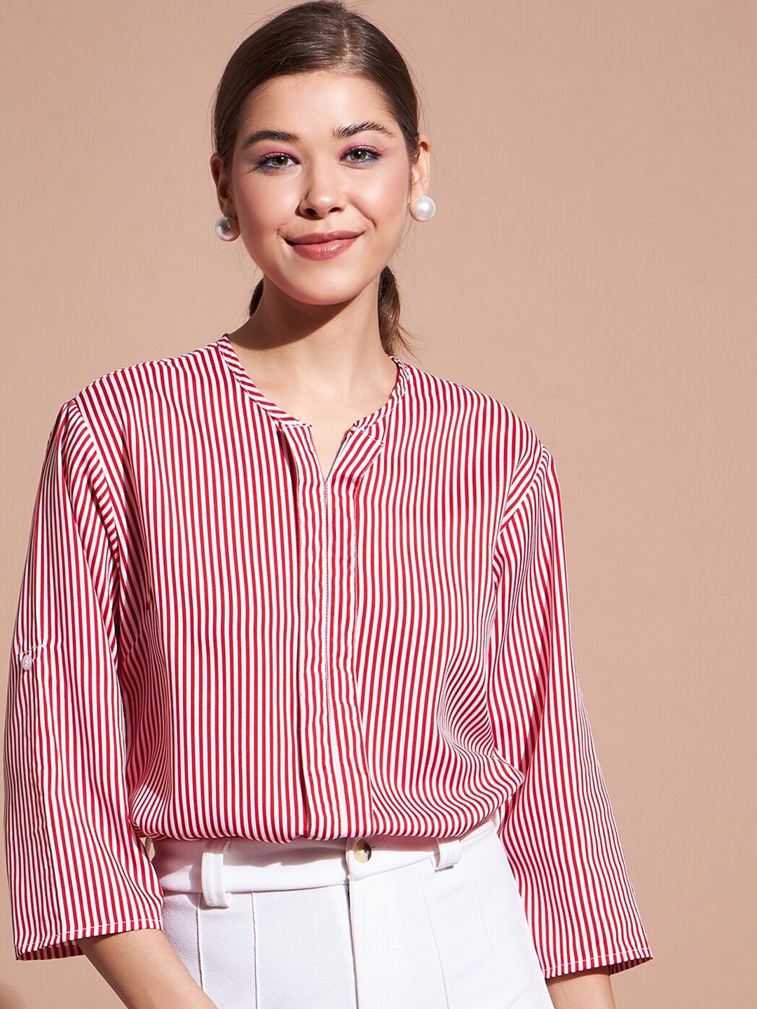 

DressBerry Red & White Vertical Stripes Roll Up Sleeves Top