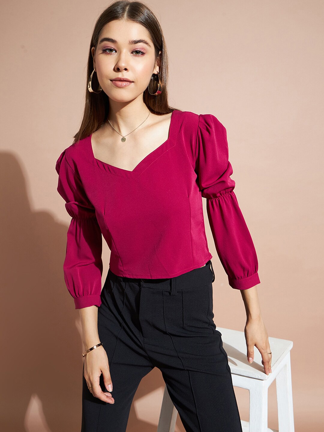

DressBerry Magenta Puff Sleeves Crepe Top