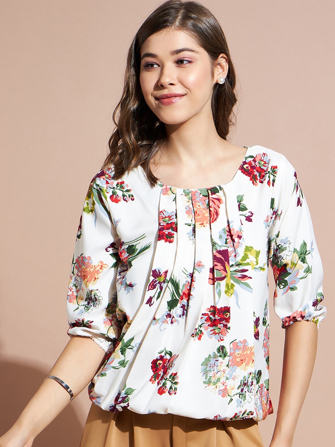 

DressBerry White & Pink Floral Printed Puff Sleeves Pleated Top