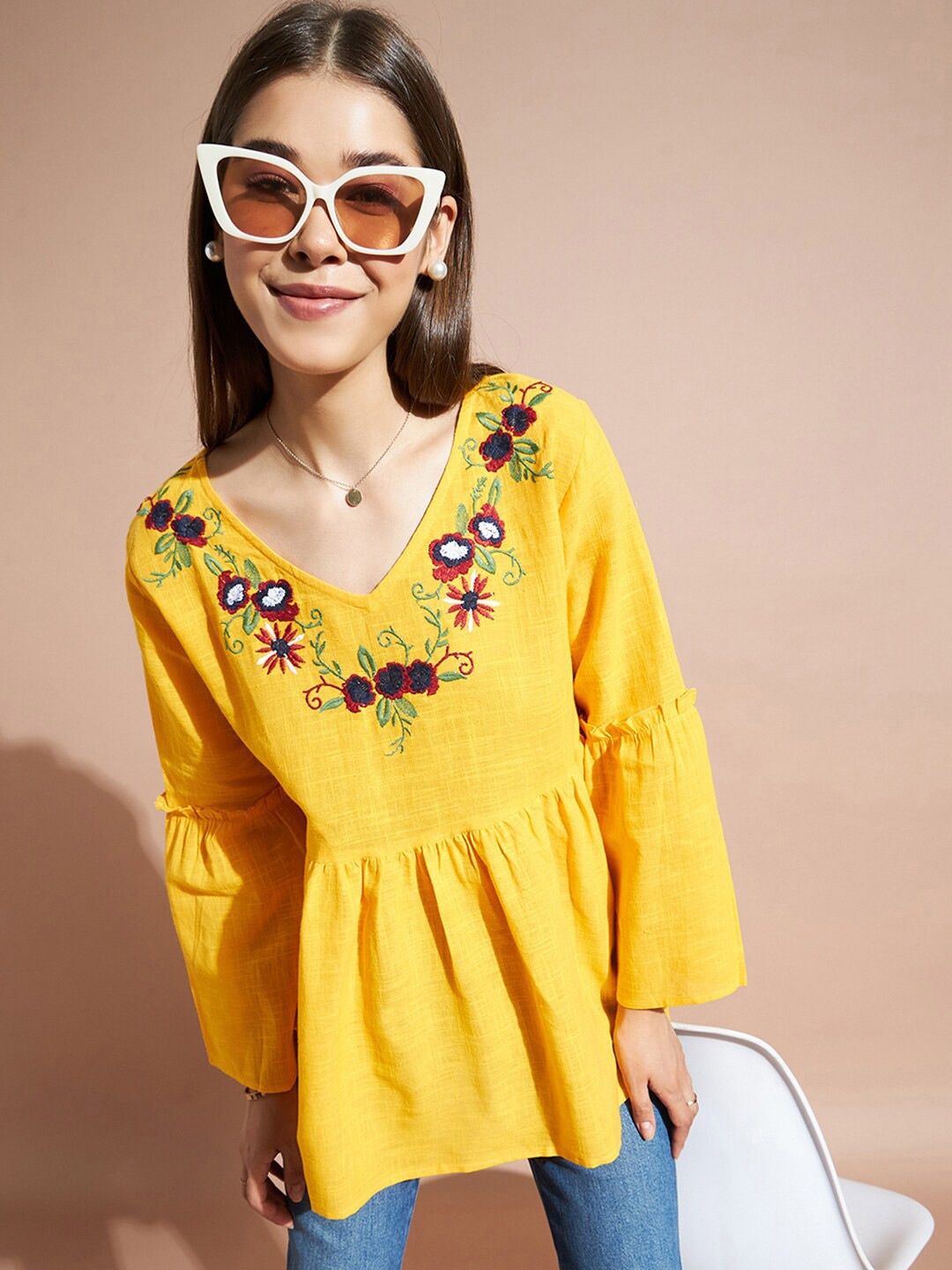 

DressBerry Yellow Floral Embroidered V-Neck Bell Sleeves Empire Top