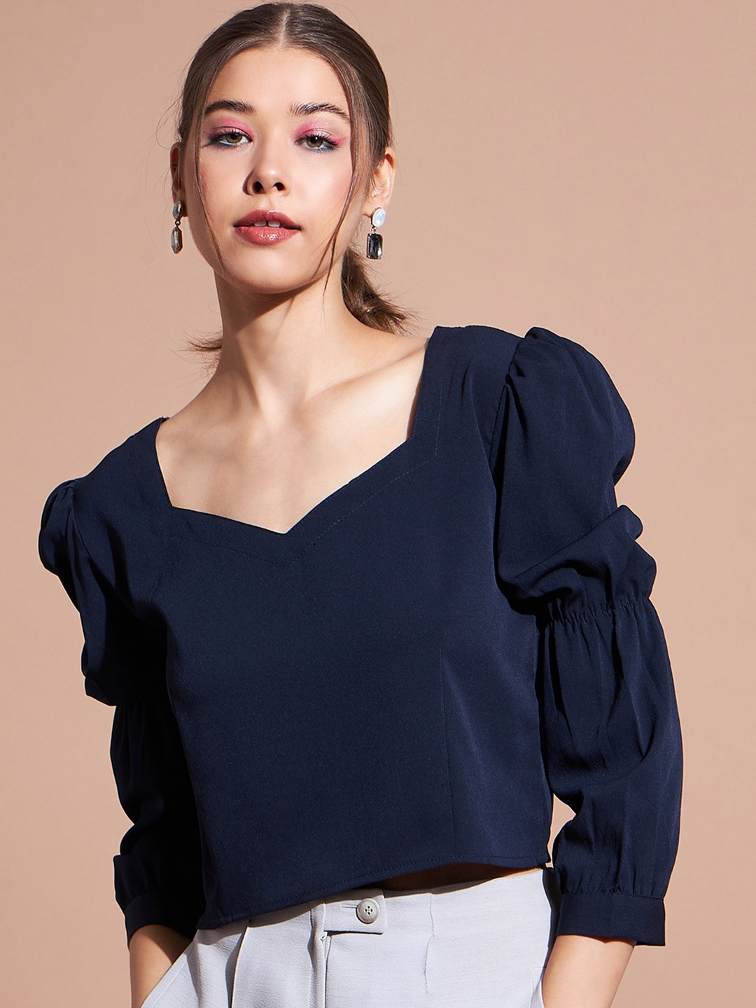 

DressBerry Navy Blue Sweetheart Neck Puff Sleeve Crepe Top