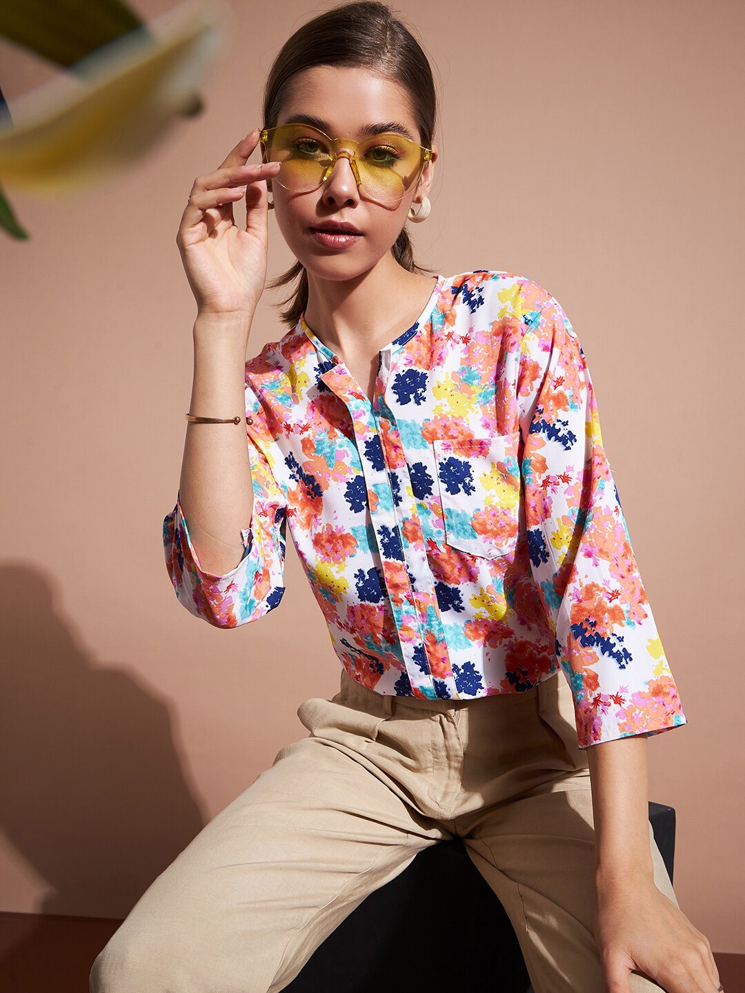 

DressBerry Pink Floral Print Crepe Shirt Styled Top