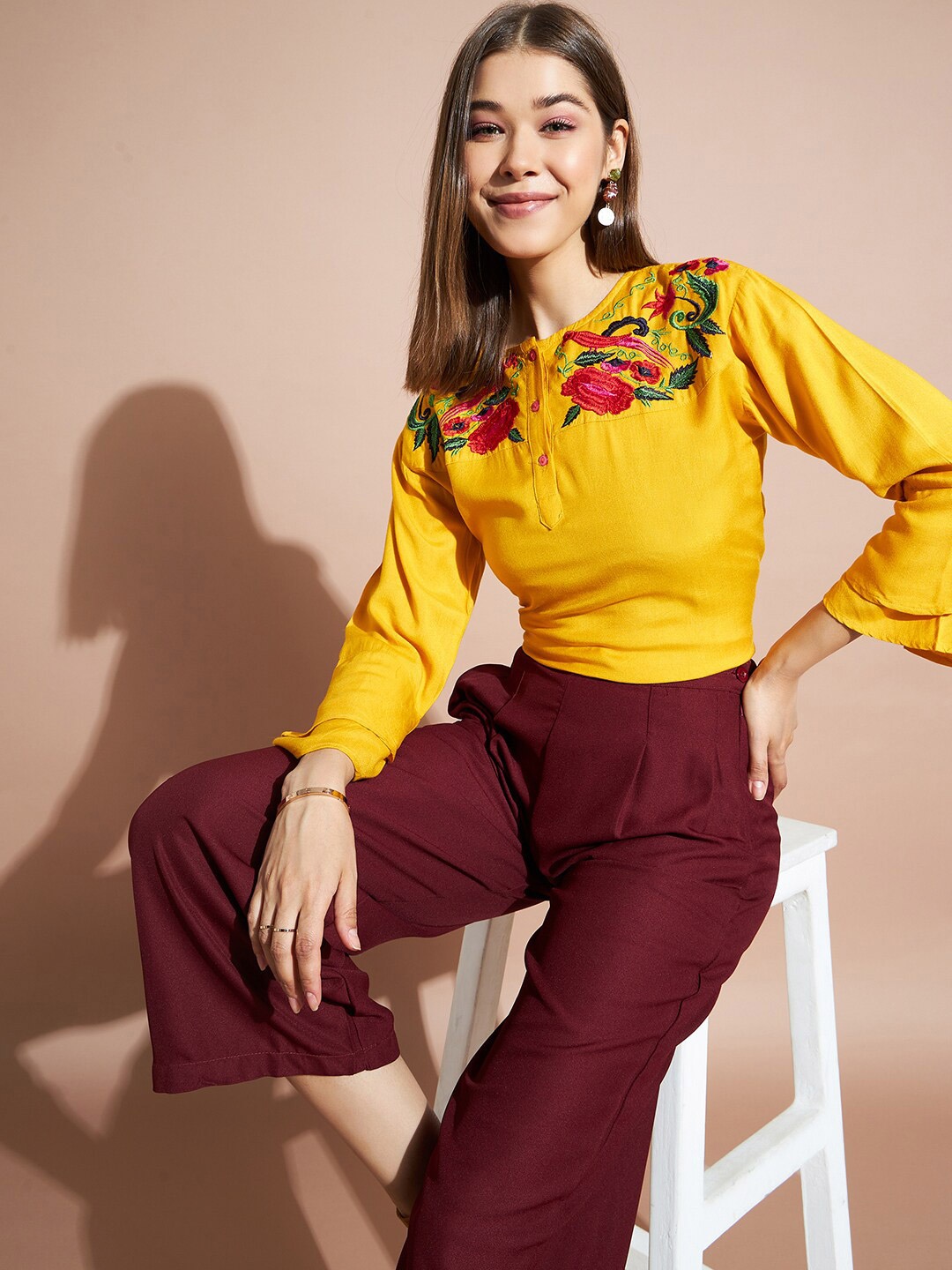 

DressBerry Floral Embroidered Bell Sleeve Crepe Top, Yellow