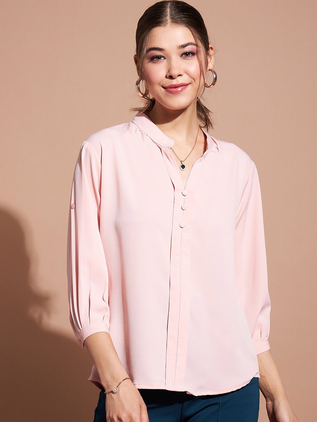

DressBerry Mandarin Collar Crepe Shirt Style Top, Pink