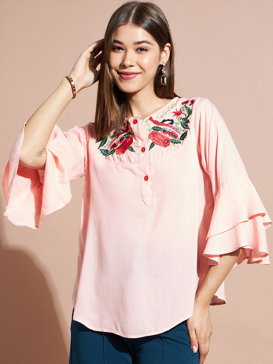 

DressBerry Pink & Green Floral Embroidered Bell Sleeves Cotton Top