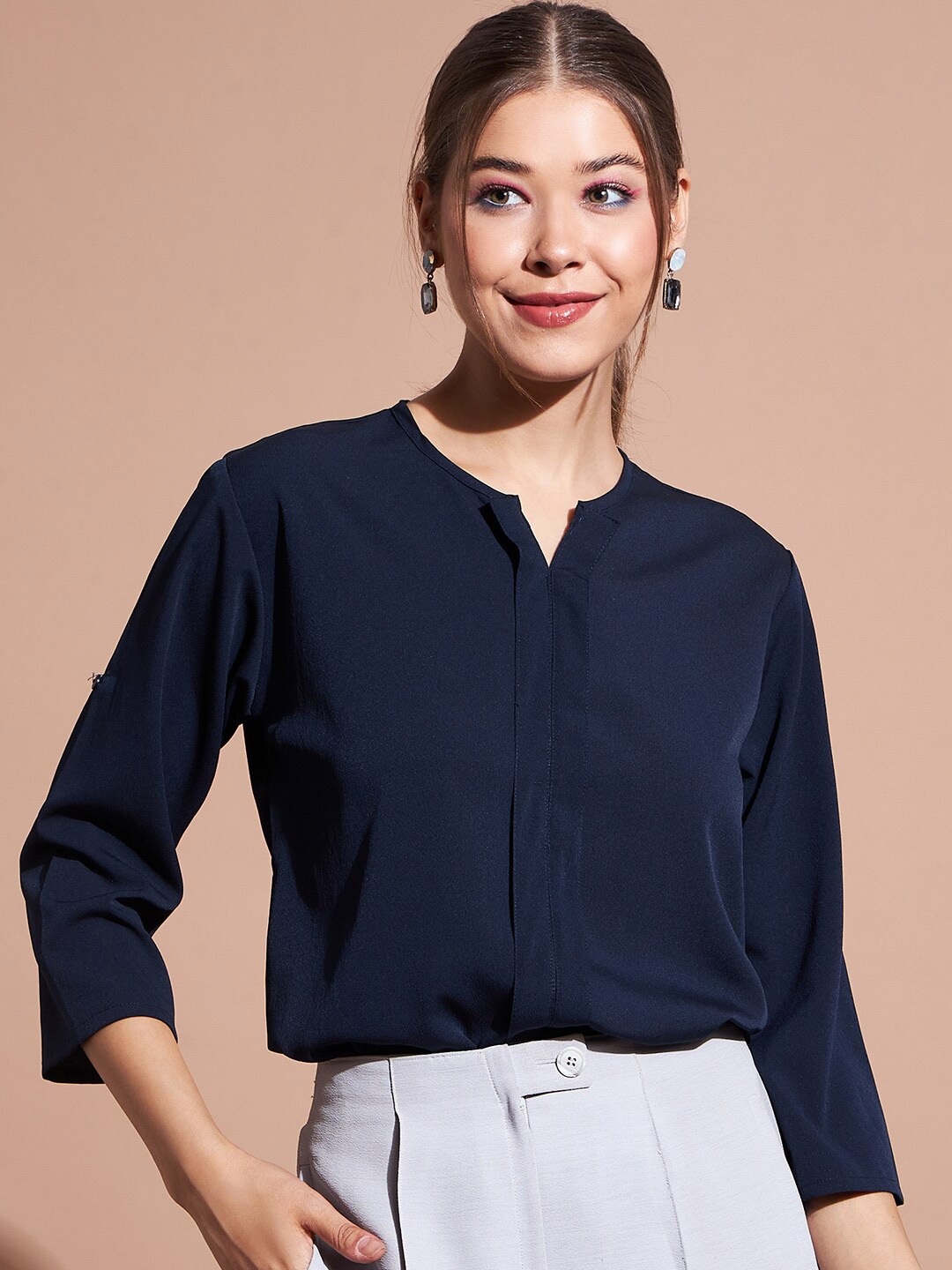 

DressBerry Round Neck Crepe Top, Navy blue