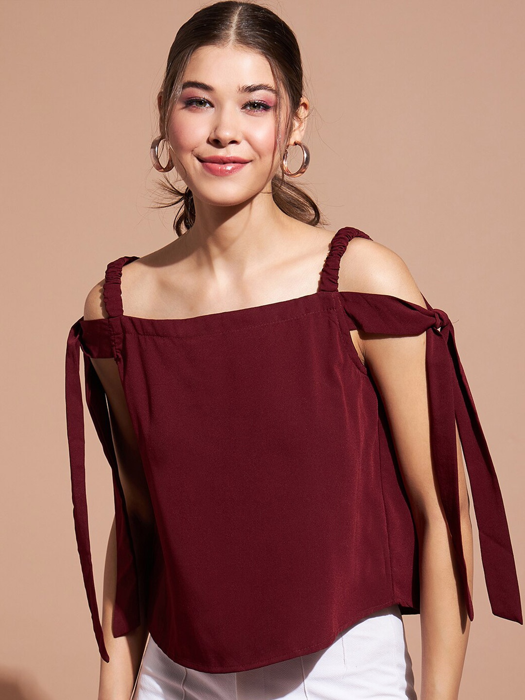

DressBerry Shoulder Strap Cold Shoulder Sleeves Tie-Ups Casual Top, Maroon