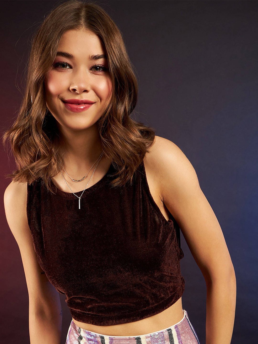 

DressBerry Round Neck Sleeveless Cut Out Velvet Crop Top, Brown