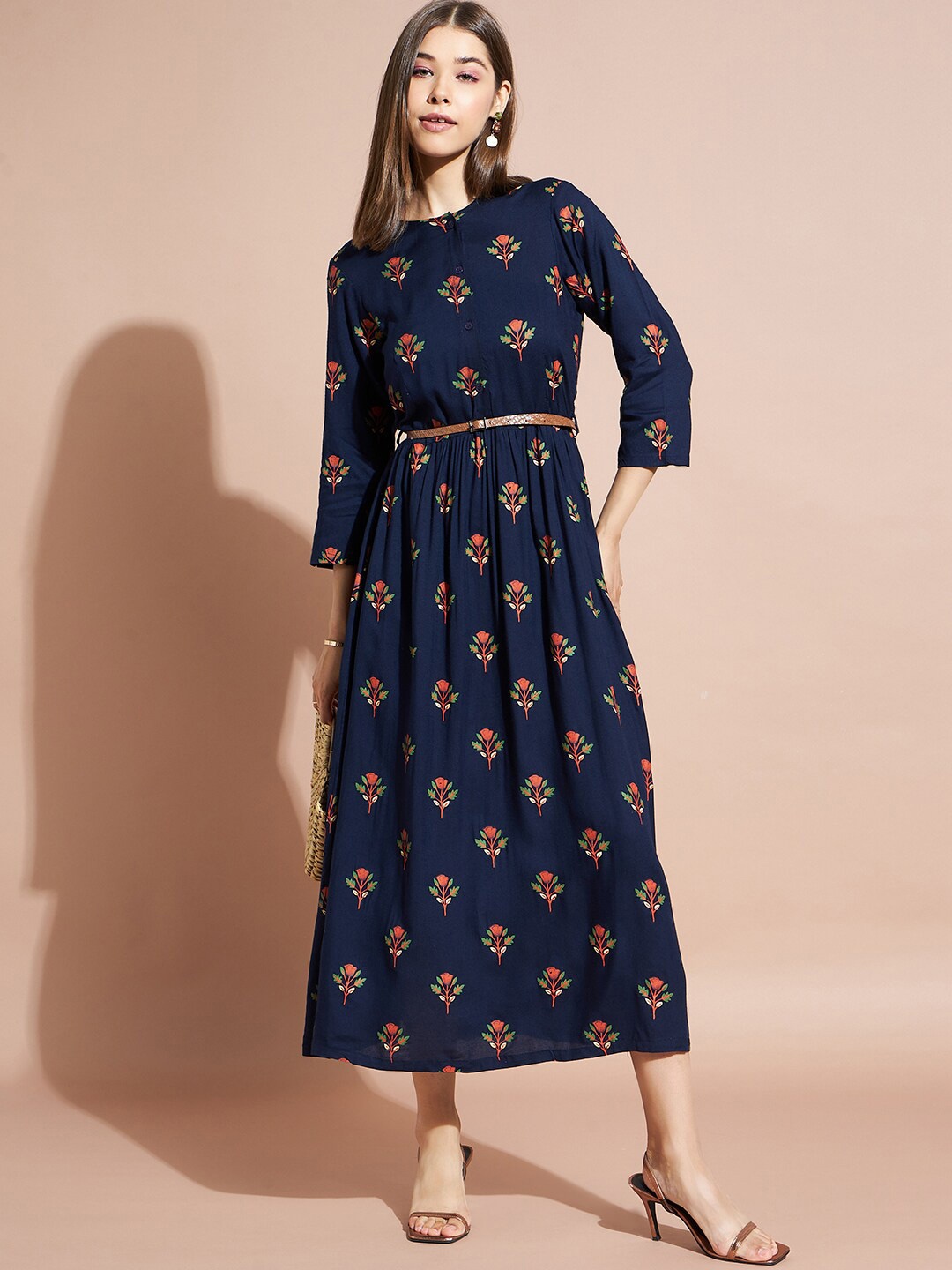 

DressBerry Navy Blue Floral Print Cotton Fit & Flare Midi Dress With Belt