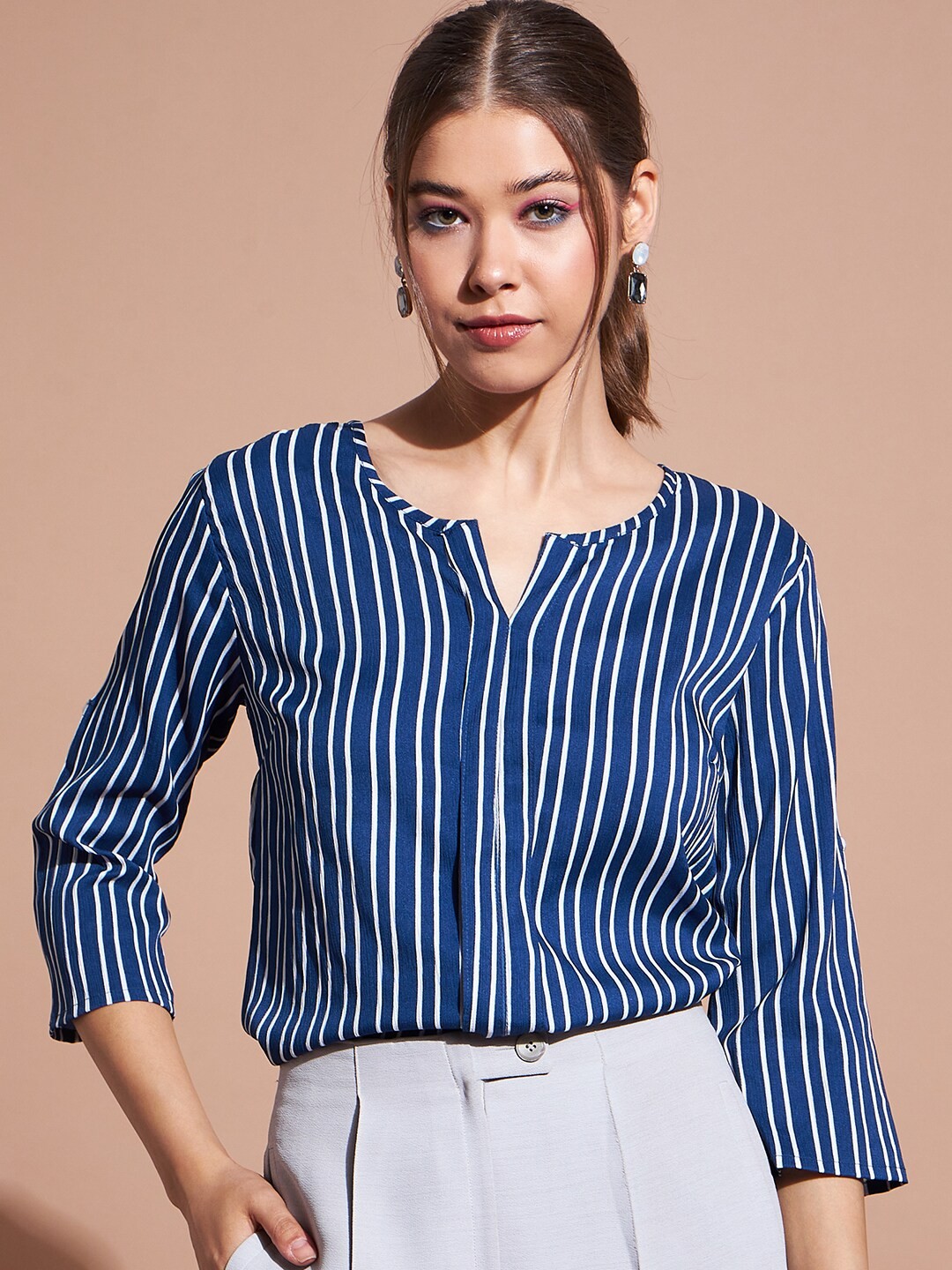 

DressBerry Blue & White Vertical Striped Notched Round Neck Regular Top