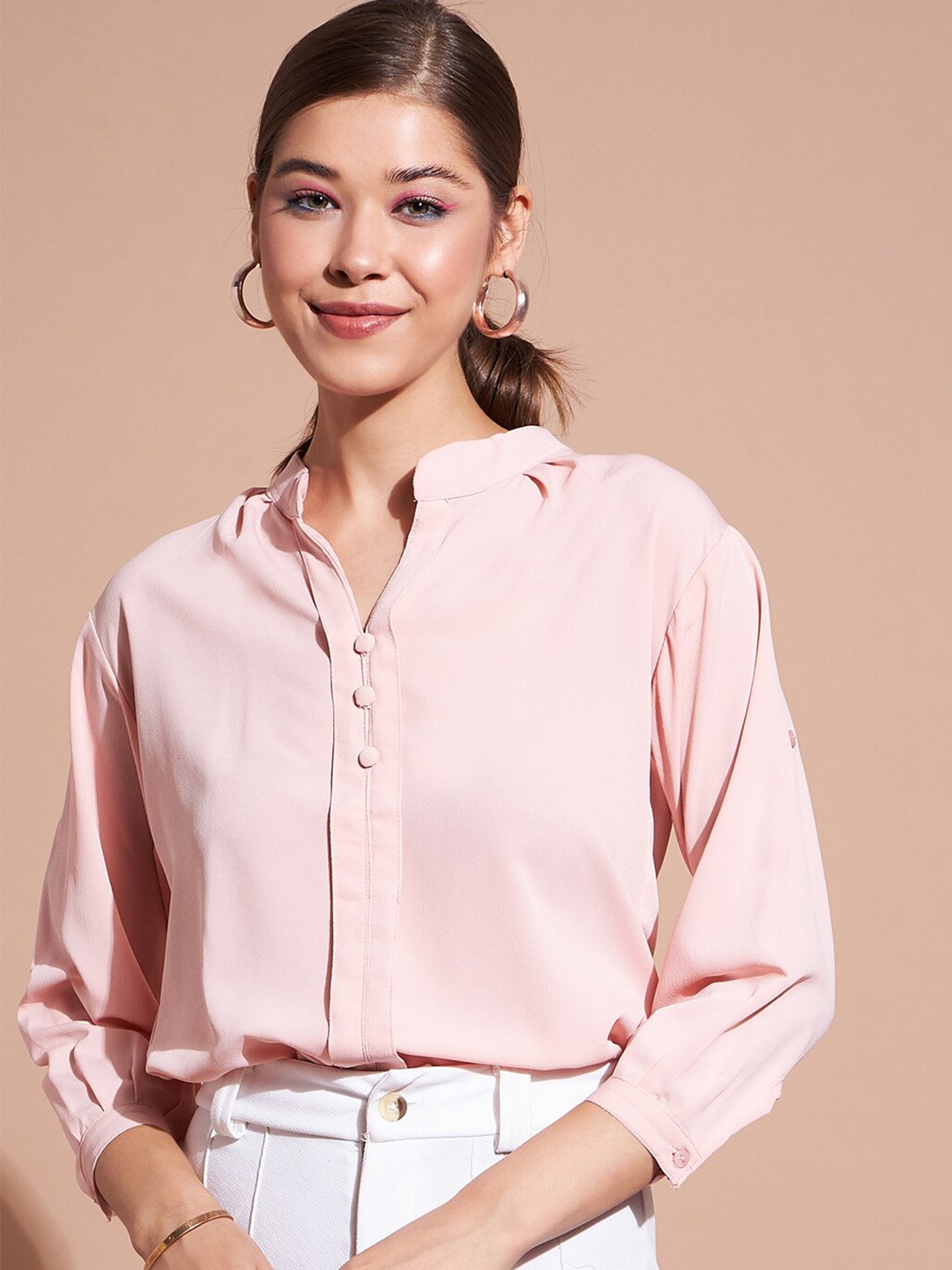 

DressBerry Pink Mandarin Collar Cuffed Sleeves Shirt Style Top