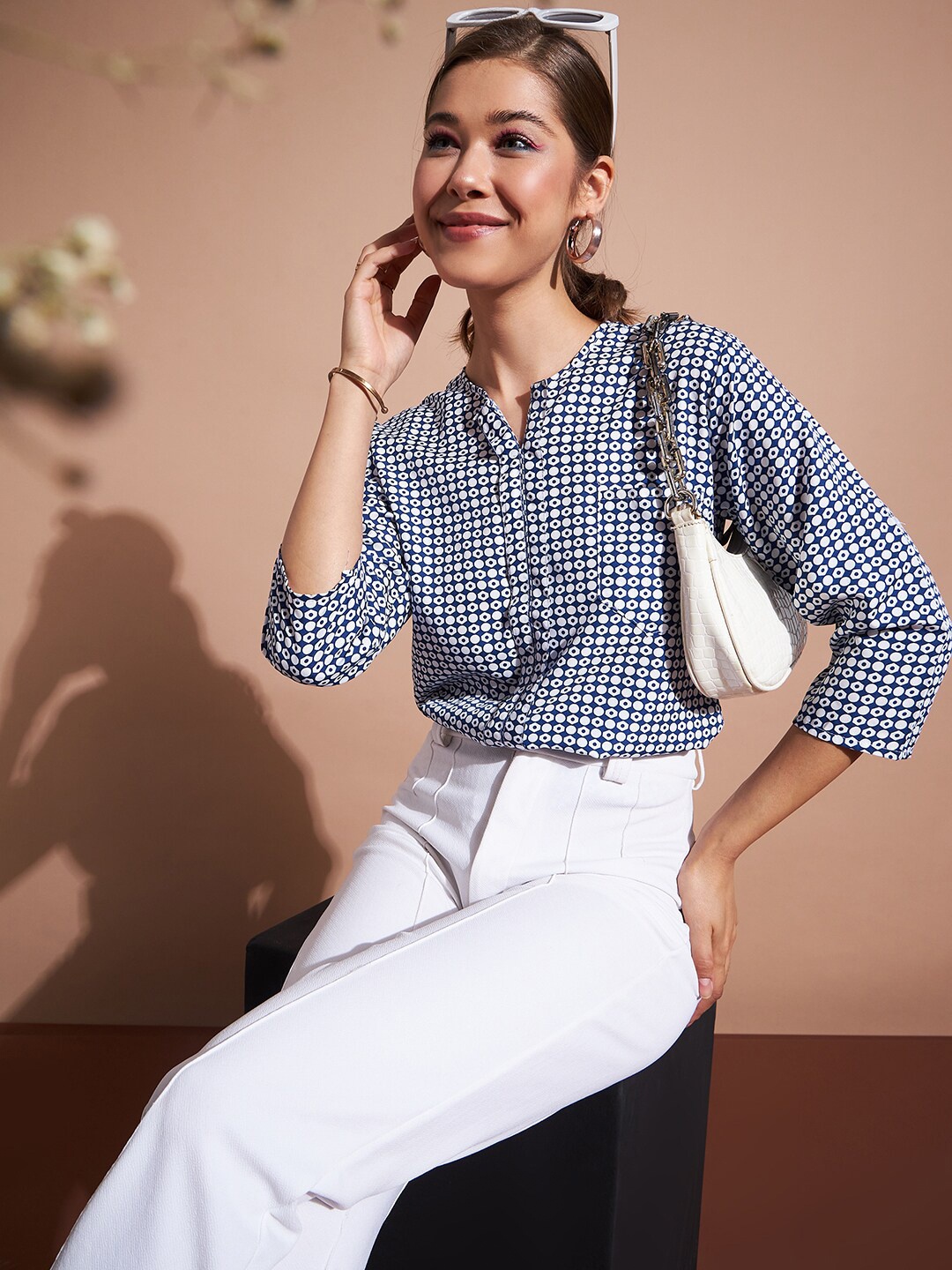 

DressBerry Checked Roll-Up Sleeves Styled Back Top, Navy blue