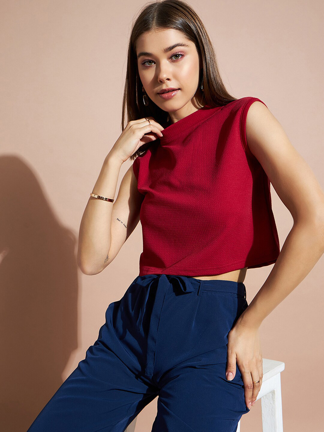 

DressBerry Red High Neck Crop Top