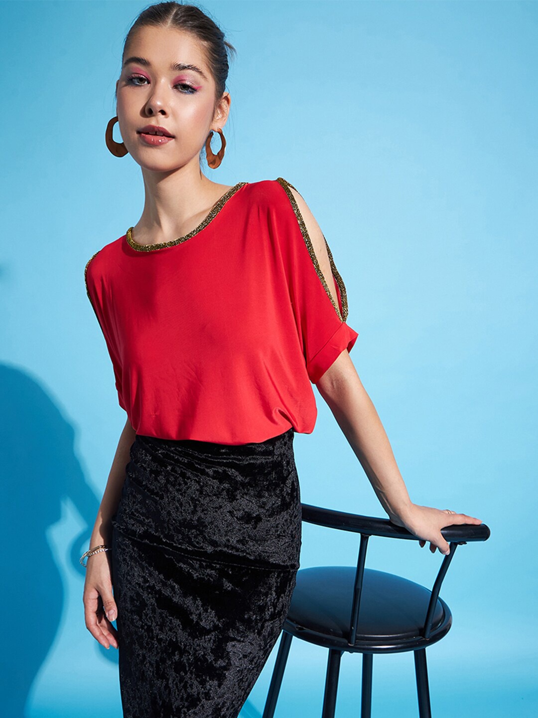 

DressBerry Red Boat Neck Sequined Slit Sleeve Top