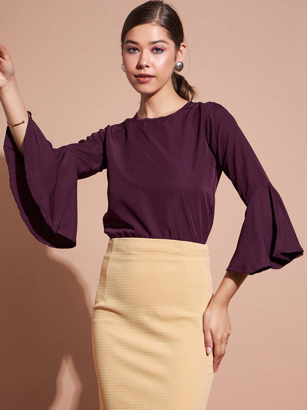 

DressBerry Maroon Bell Sleeves Crepe Top