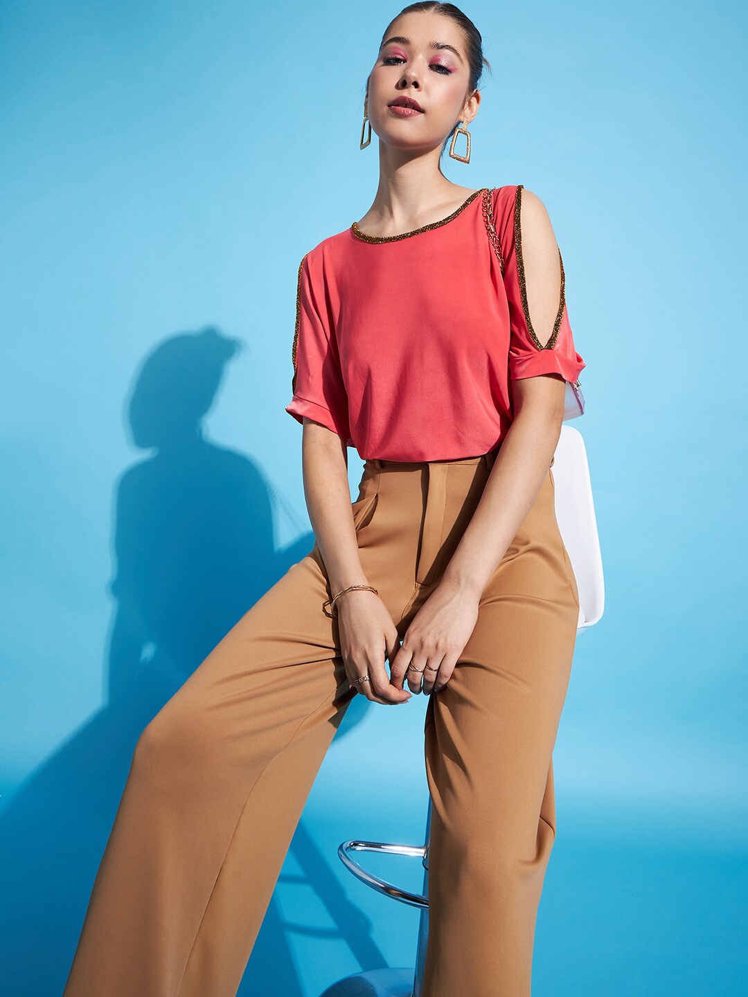 DressBerry Boat Neck Slit Sleeve Top, Pink