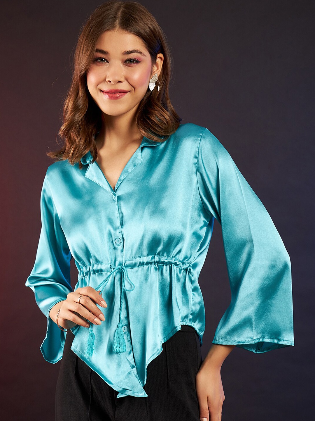

DressBerry Turquoise Blue Shirt Collar Bell Sleeves Waist Tie Up Shirt Style Top