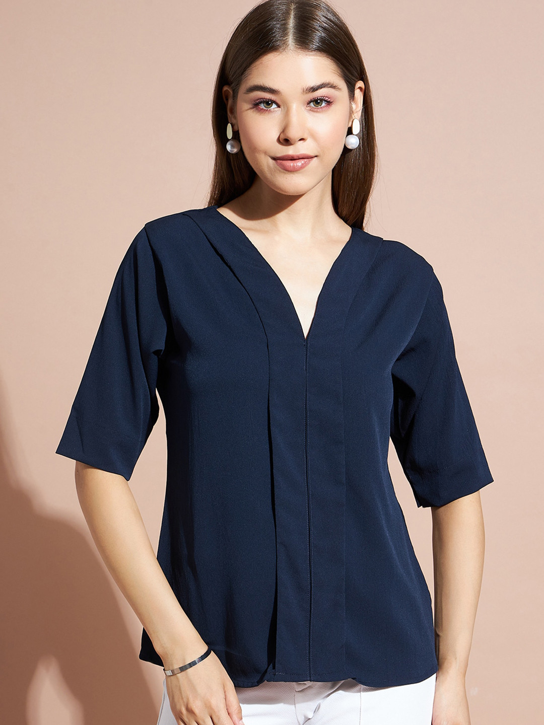 

DressBerry Navy Blue V-Neck Crepe Regular Top