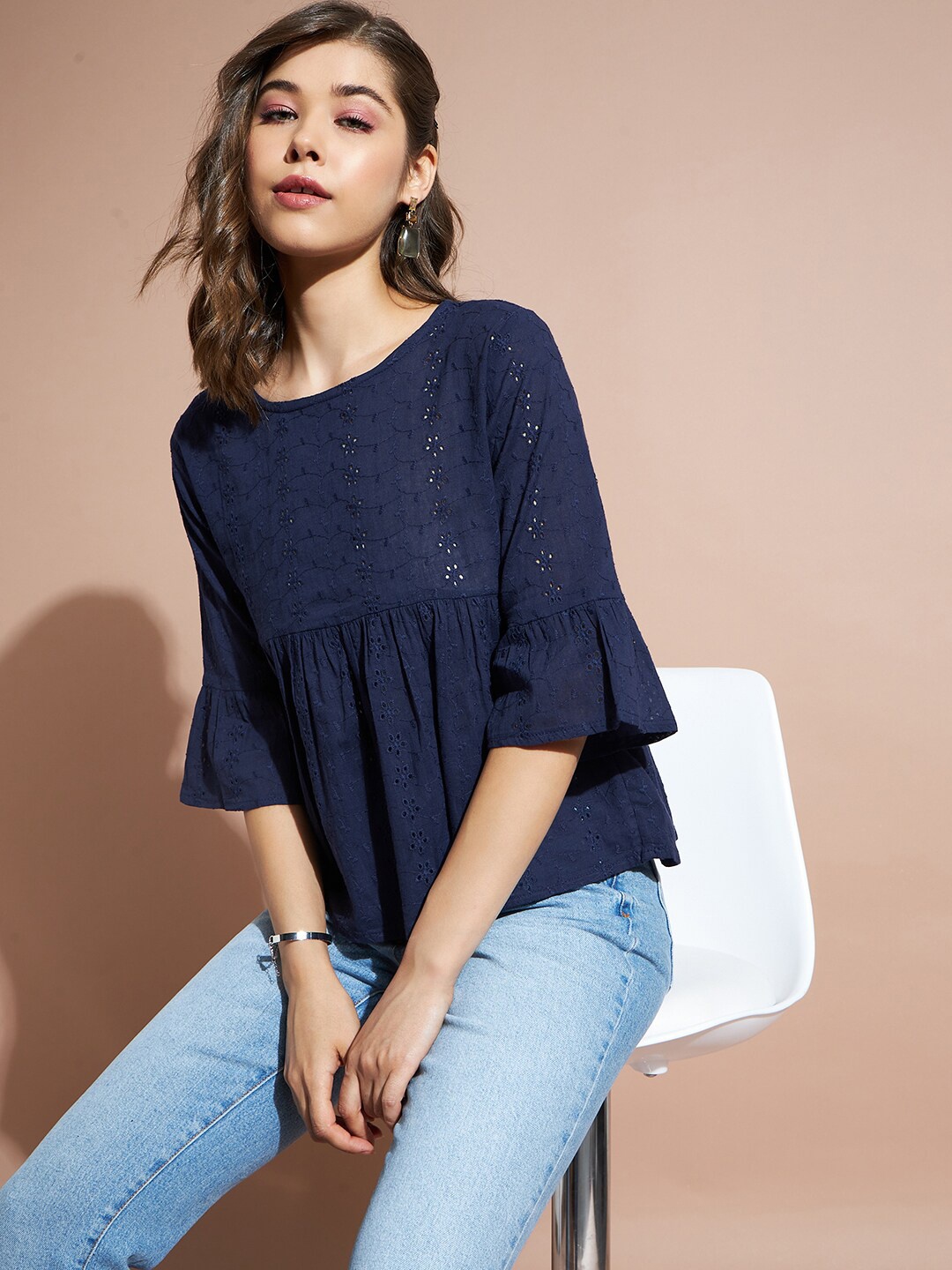 

DressBerry Navy Blue Bell Sleeve Empire Top