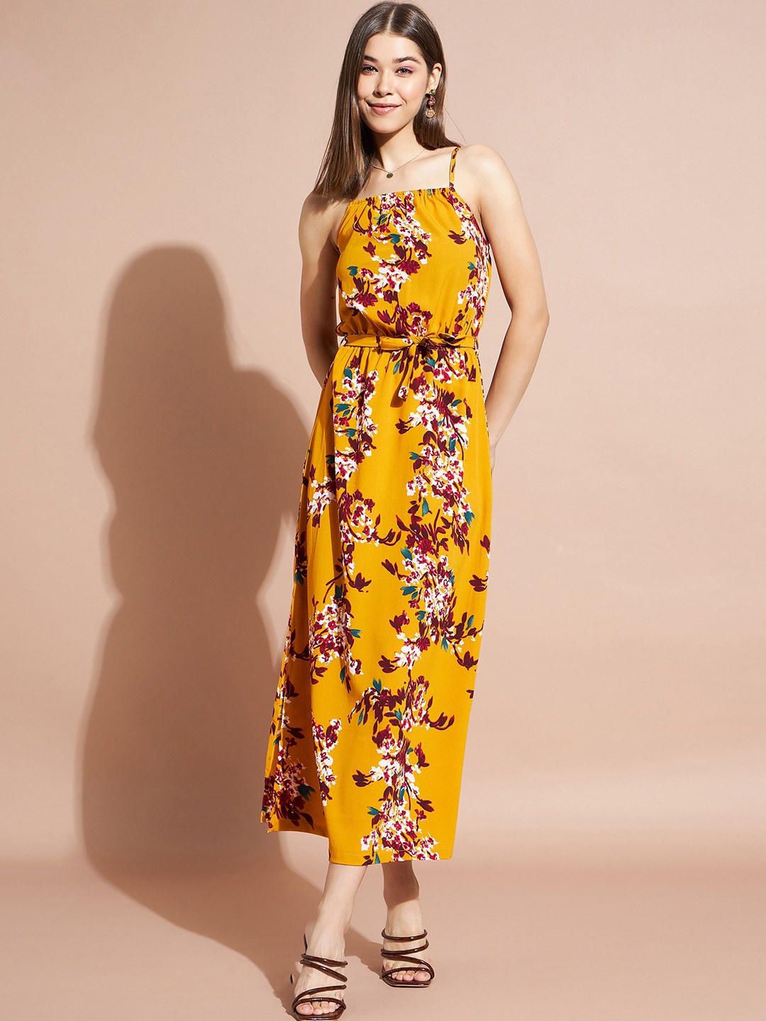 DressBerry Yellow Floral Printed Shoulder Straps Fit and Flare Midi Dress