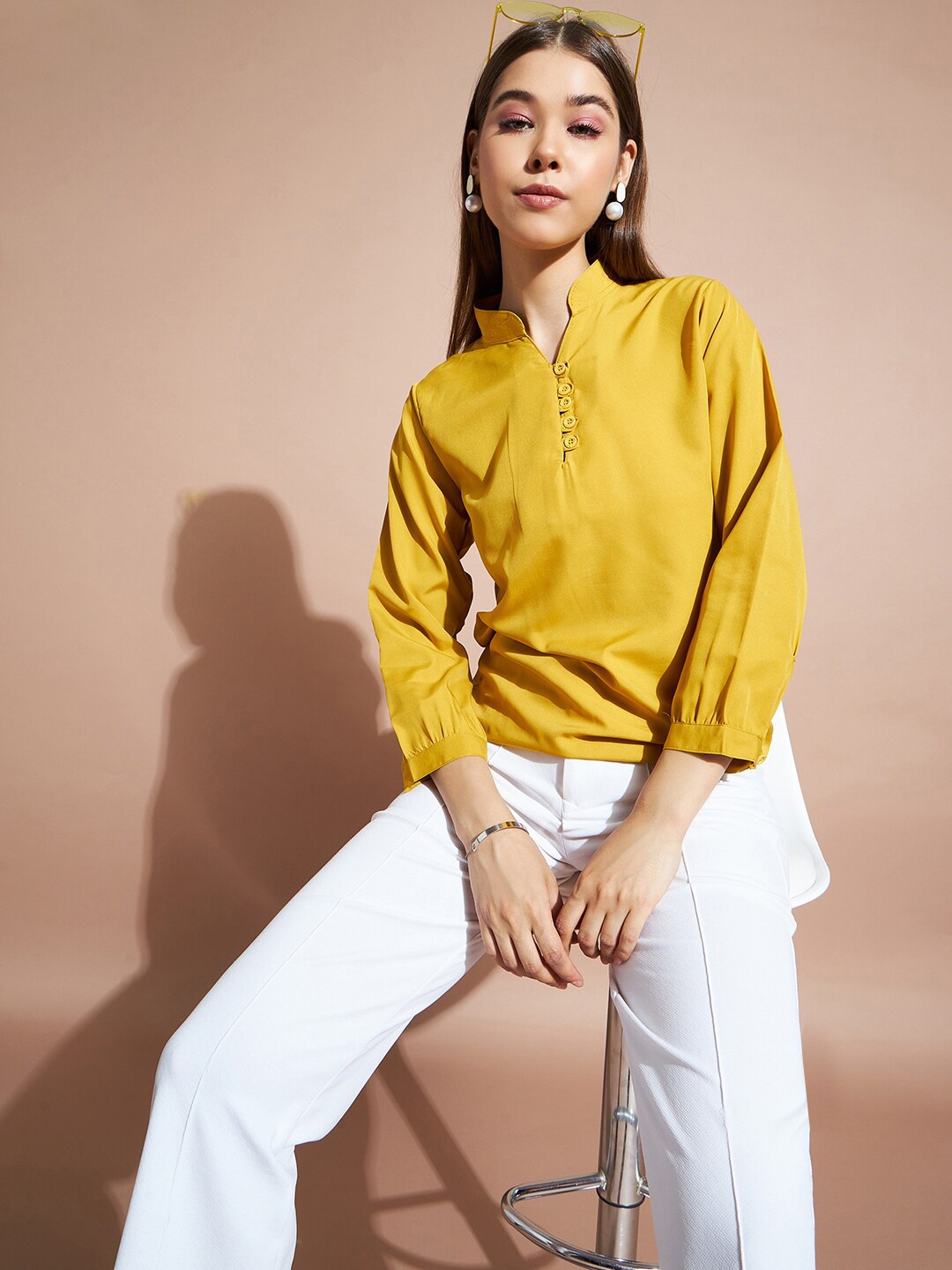 

DressBerry Mandarin Collar Cuffed Sleeves Top, Yellow