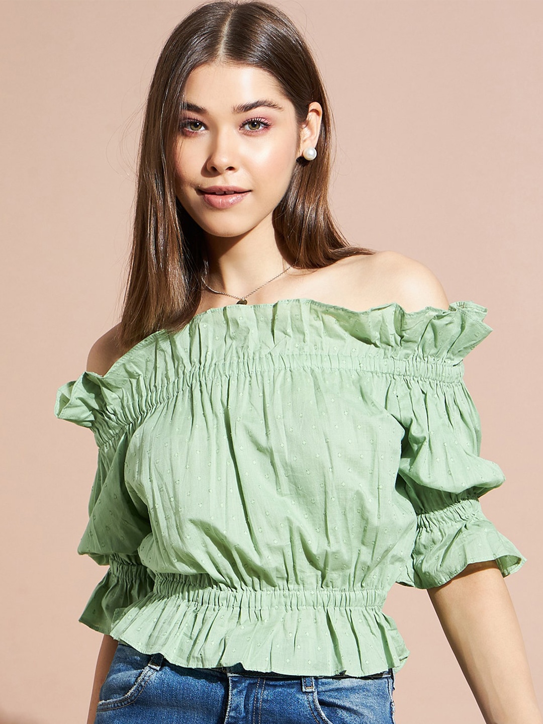 

DressBerry Green Self Design Off-Shoulder Puff Sleeves Bardot Top