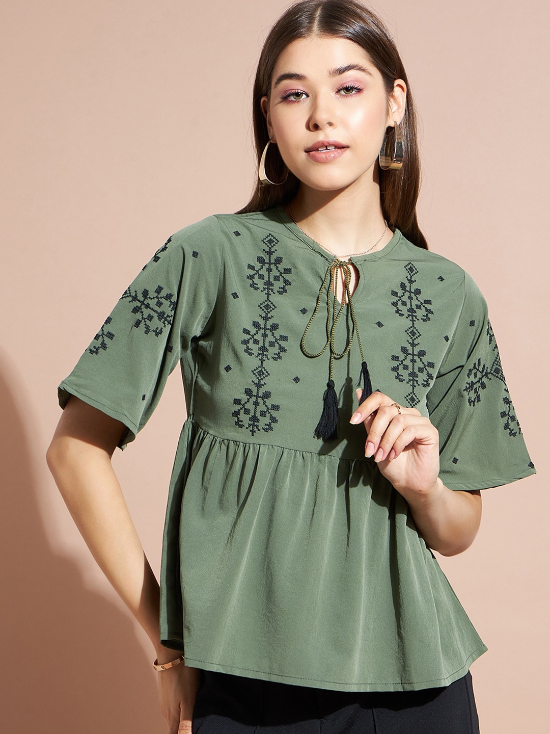 

DressBerry Olive Green & Black Abstract Printed Tie-Up Neck A-Line Top