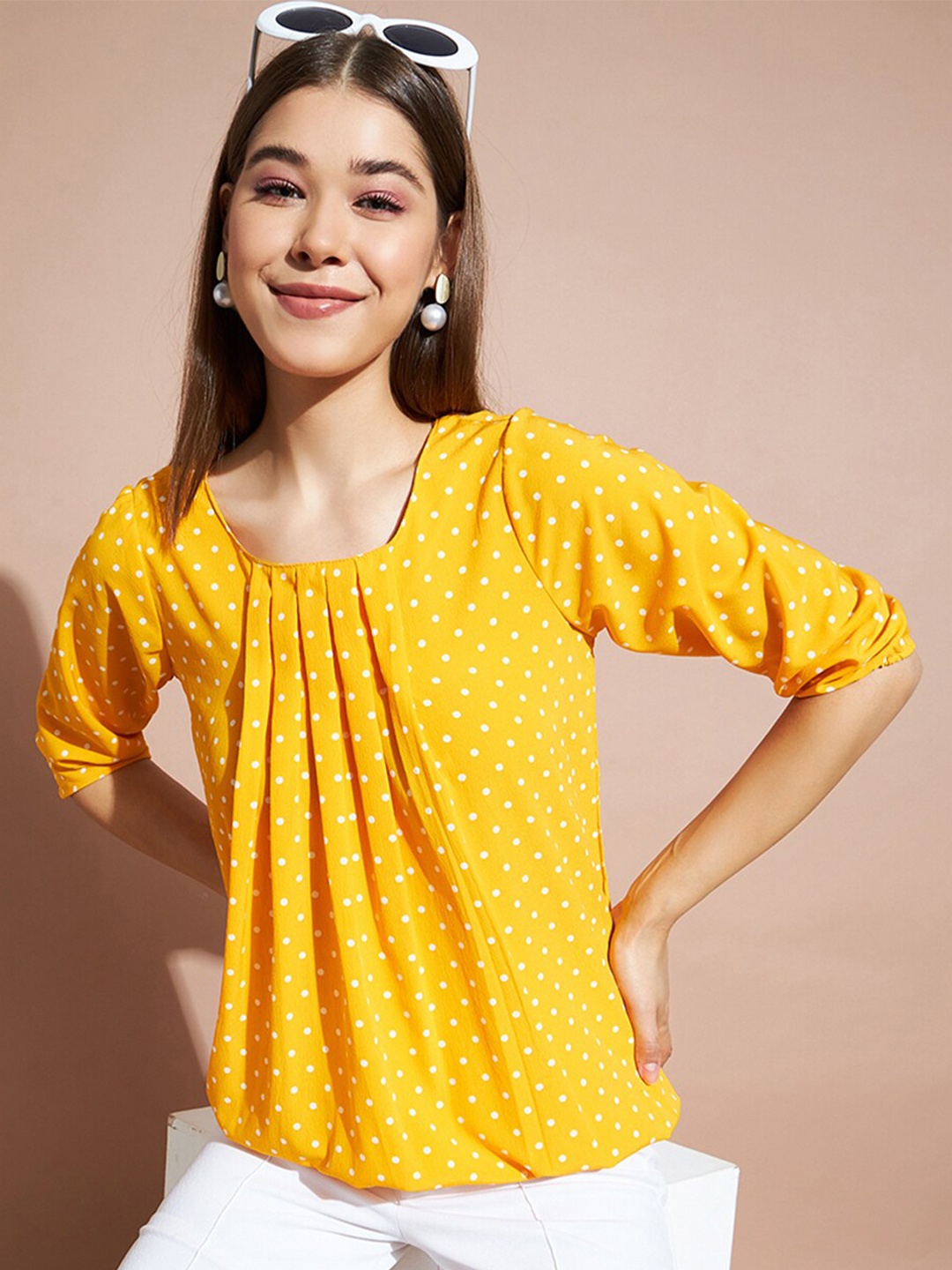 

DressBerry Polka Dot Printed Puff Sleeves Blouson Top, Yellow